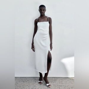 Minimal White Slip Midi Dress with Side Thigh Slit